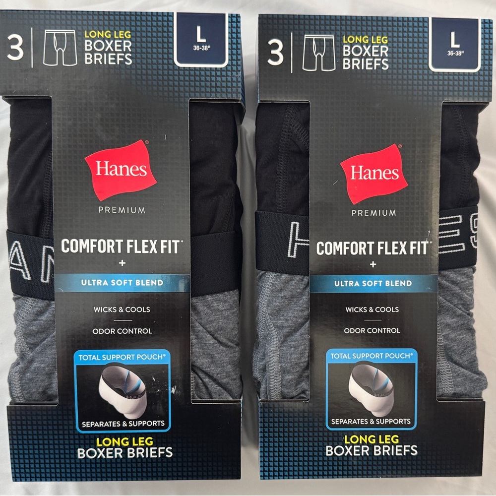 2x 3Pack - Hanes Men's Black and Gray Long Leg Boxer Briefs = 6 Total